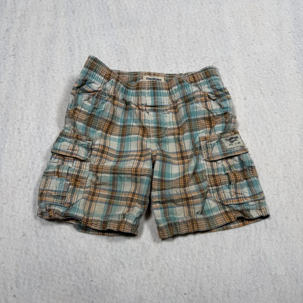 OshKosh Bgosh Boys 2T Plaid Cargo Shorts Teal Orange Brown Cotton Elastic Waist